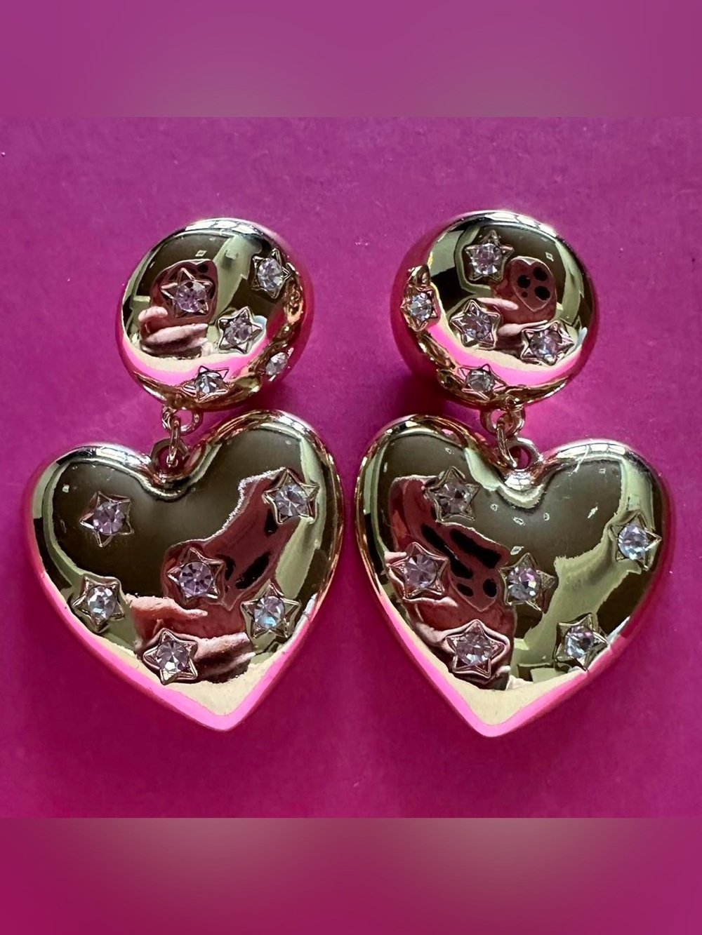 Golden heart star rhinestone statement earrings.